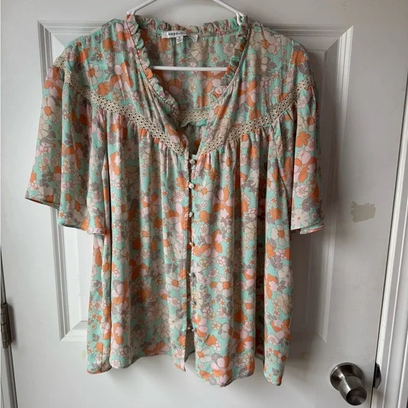 Rose & Olive Green and Orange Flutter Sleeve Blouse - Picture 1 of 6